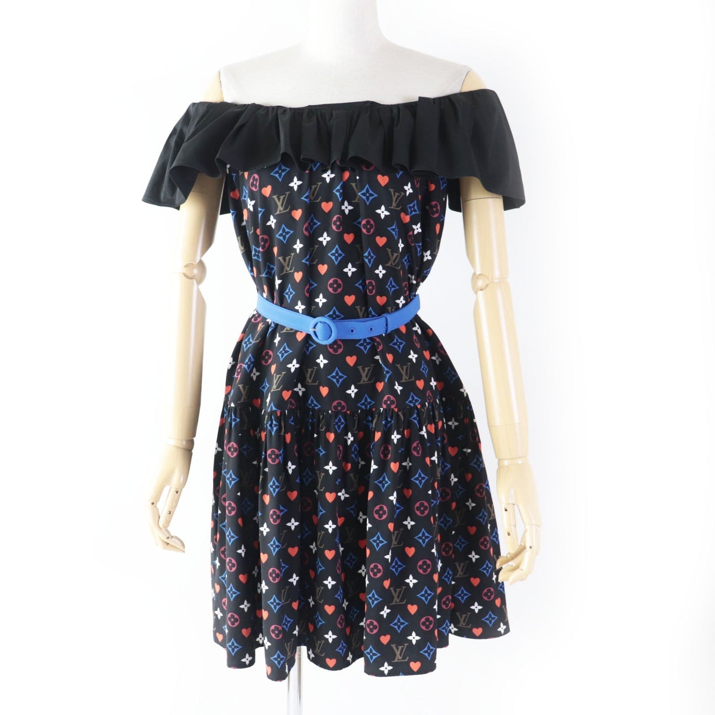 LOUIS VUITTON dress FKDR51 silk black multi Game On Ruffle Scoop Neck Babydoll Dress 36