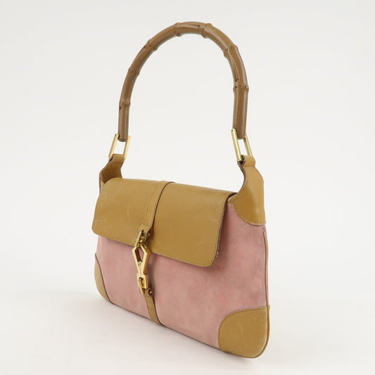 GUCCI Bamboo Suede Leather Shoulder Bag Pink Beige 001.4096.1705
