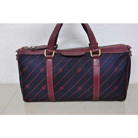Gucci Boston Xl Anniversary Canvas Leather Two Way Navy W Red Diagonal G Print