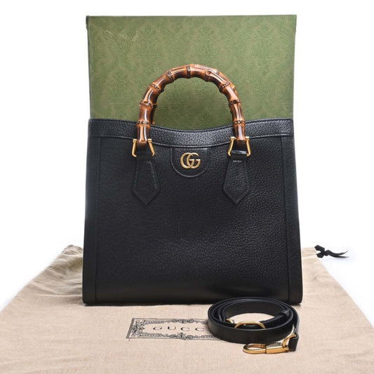 GUCCI Bamboo Leather Diana Double G 2WAY Handbag 702721 Black Ladies
