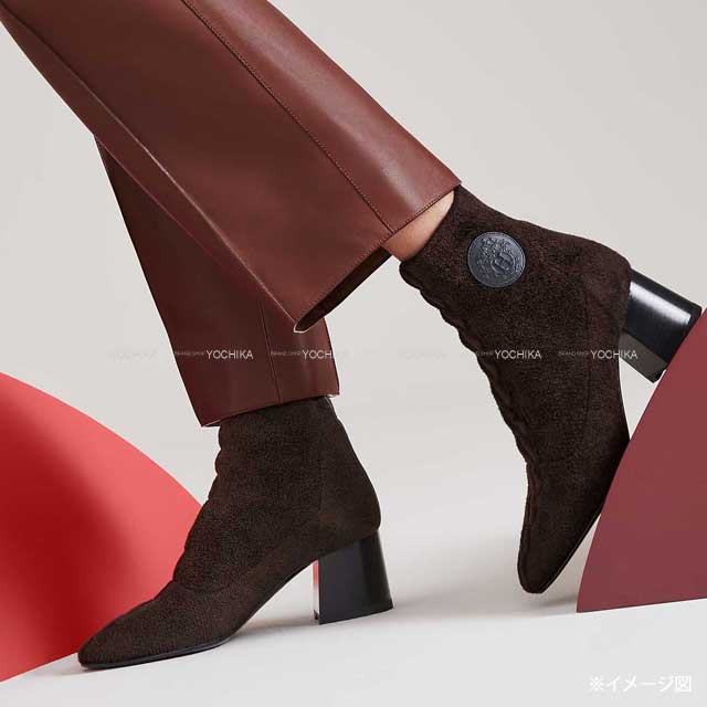 HERMES boots Short Boots Volver 60 Chestnut/Black Chenille knit/Calfskin #36
