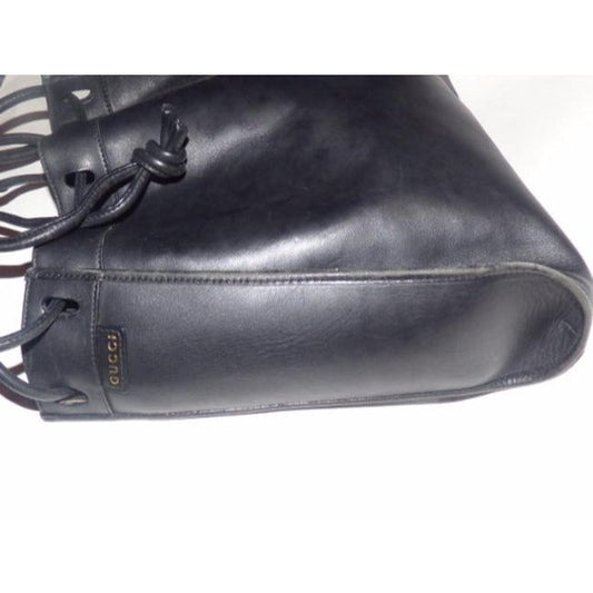 Gucci Black Leather Bucket Bag W Drawstring Top & an Attached Wallet
