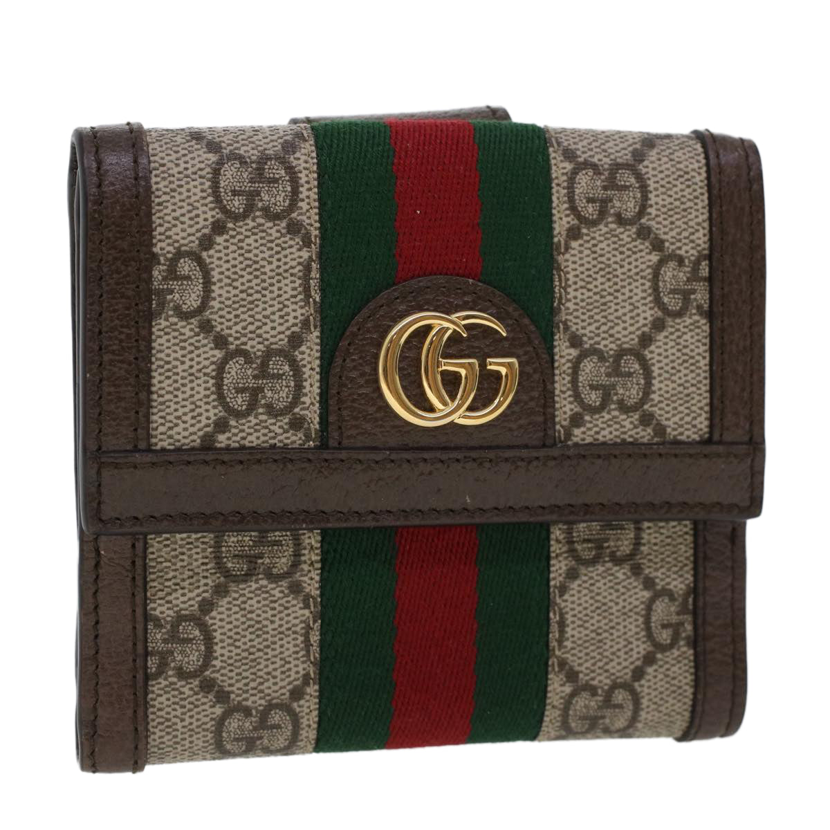 GUCCI GG Canvas Web Sherry Line Trifold Wallet PVC Leather Beige Red 42974