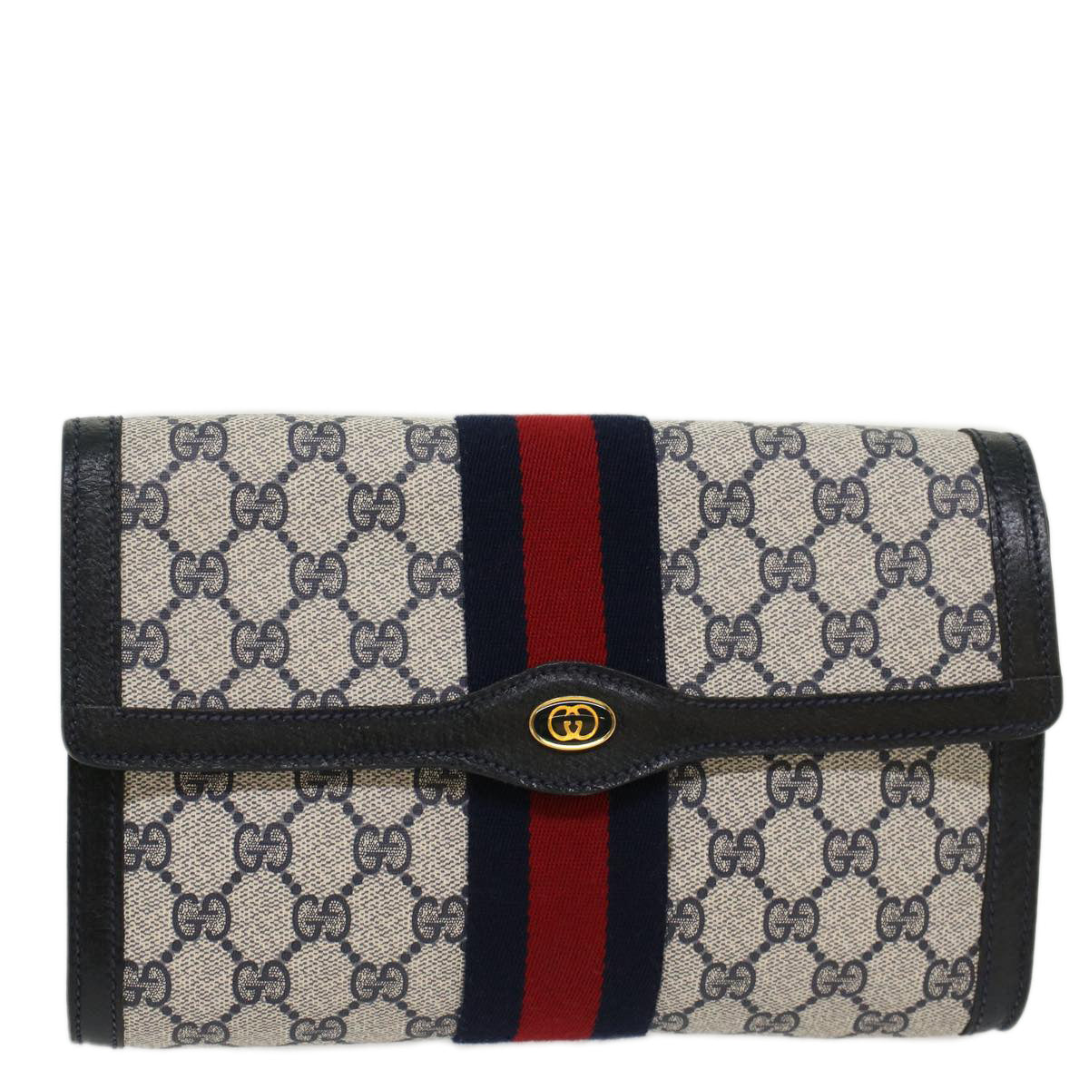 GUCCI GG Canvas Sherry Line Clutch Bag Gray Red Navy 8901006 44806