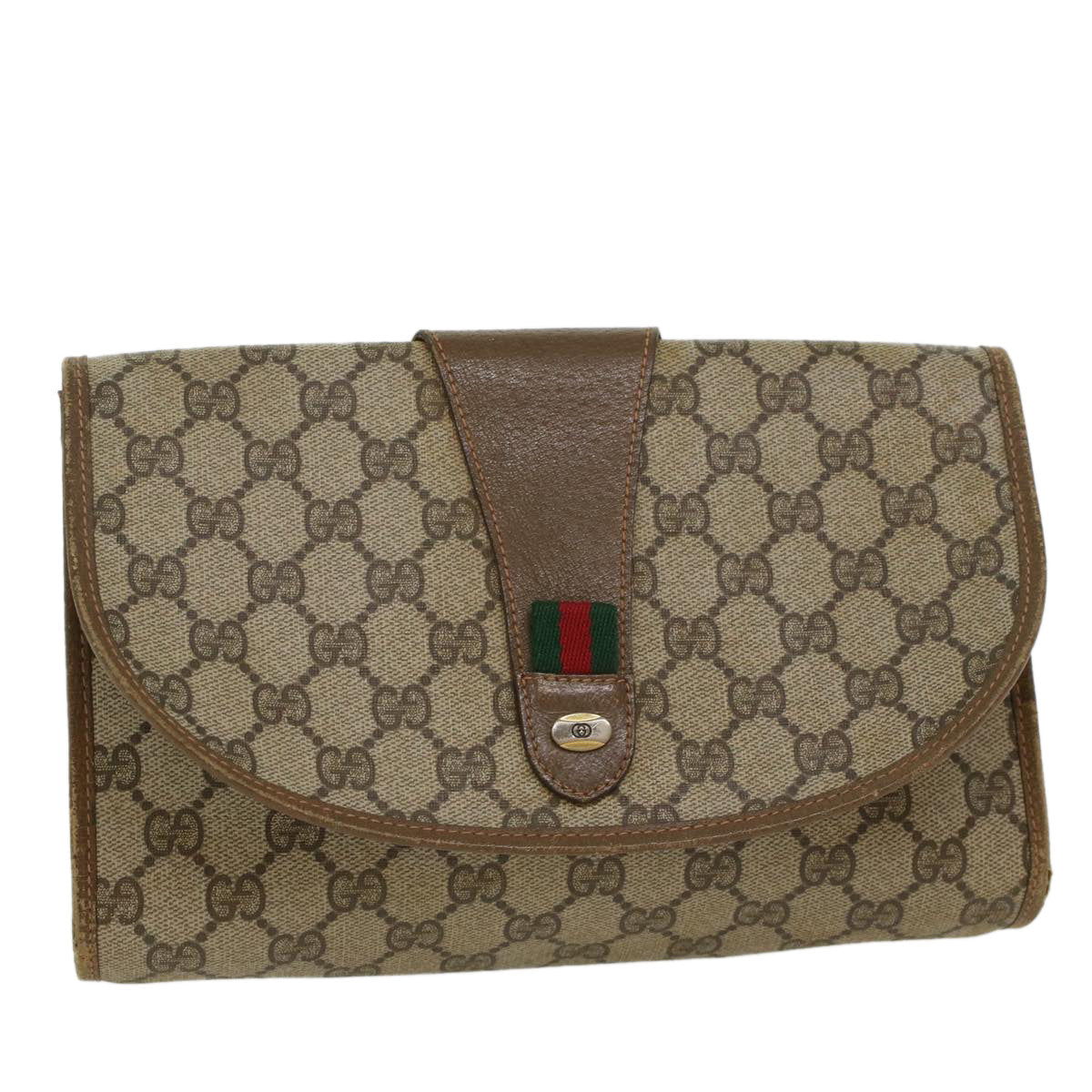 GUCCI GG Canvas Web Sherry Line Clutch Bag PVC Leather Beige Red 45602