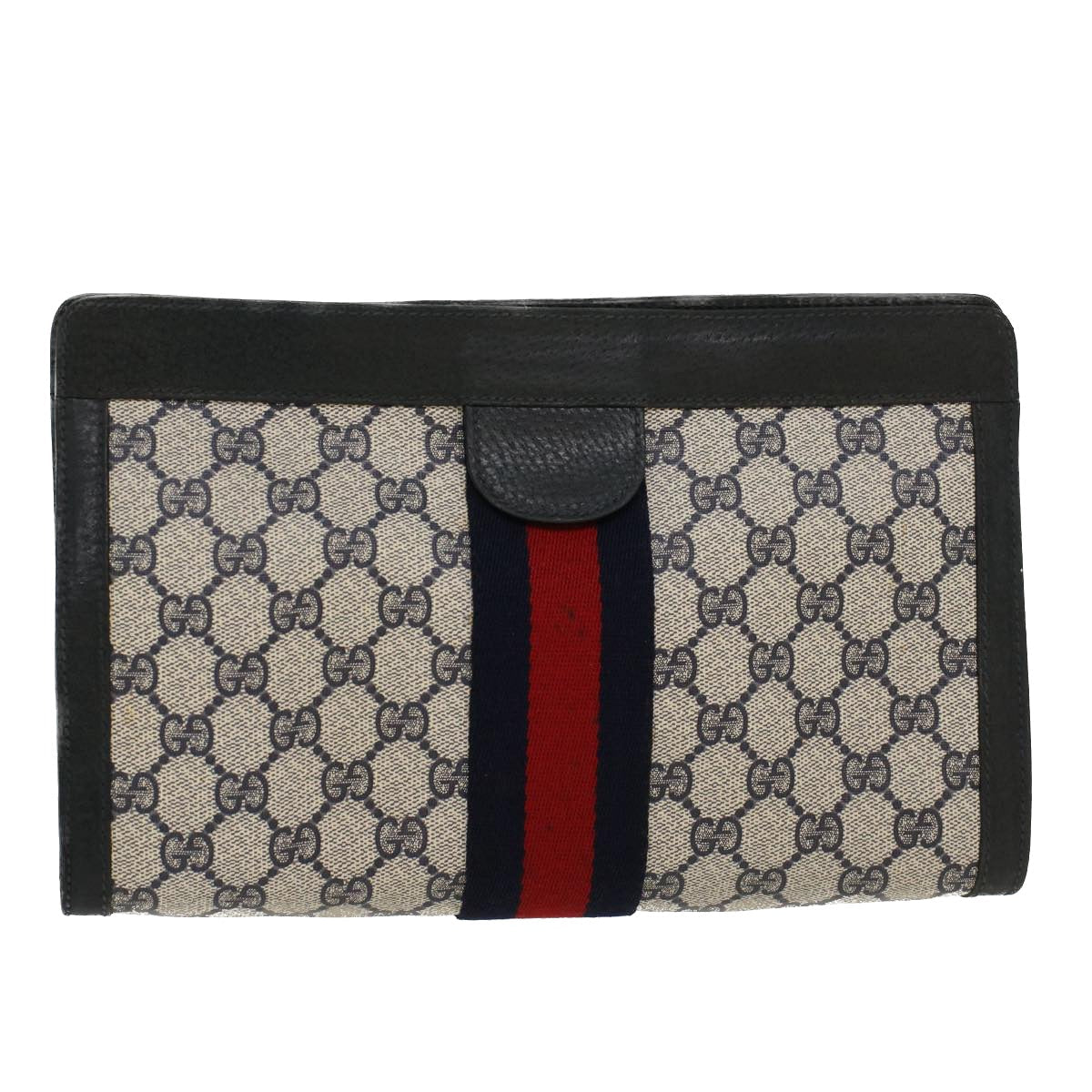 Gucci GG Canvas Sherry Line Clutch Bag Gray Red Navy 89.01.002 45958