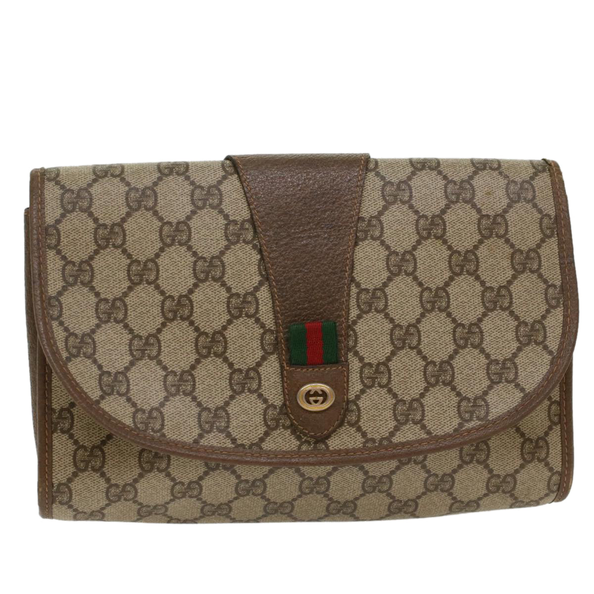 GUCCI GG Canvas Web Sherry Line Clutch Bag PVC Leather Beige Red 48450