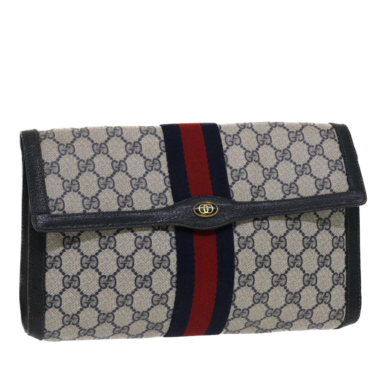 Gucci GG Canvas Sherry Line Clutch Bag PVC Leather Navy Red 49081