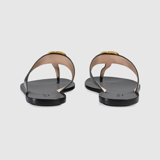 Gucci Double G Leather Thong Sandal in Black