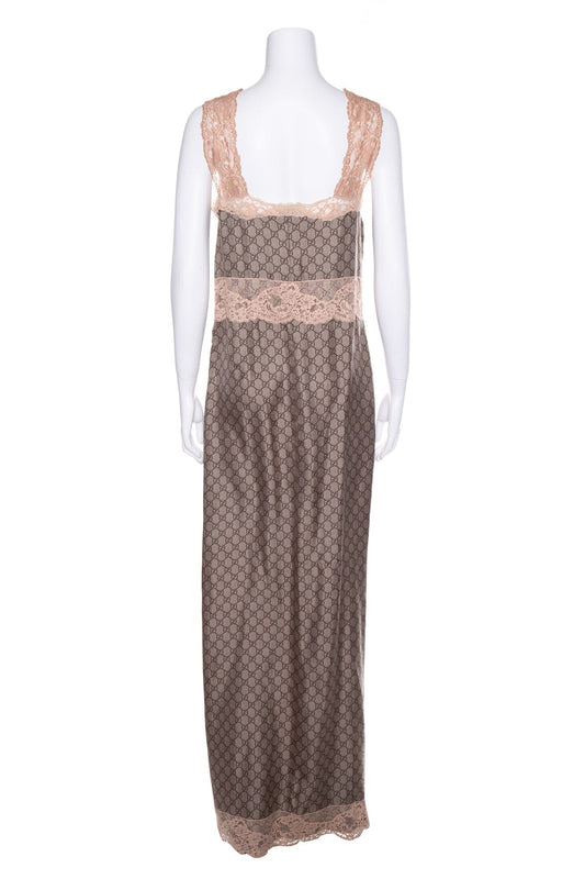 Gucci Brown Silk Interlocking GG Maxi Slip Dress SZ 40
