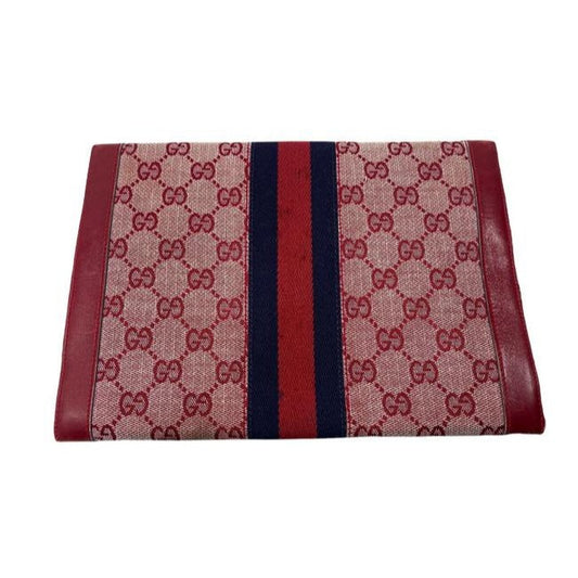 Gucci Guccissima Print Canvas & Red Leather Clutch/Portfolio With Center Blue/Red Stripe