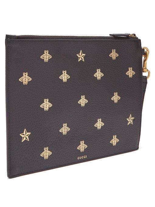 Gucci Bee Print Grained Leather Pouch In Brown