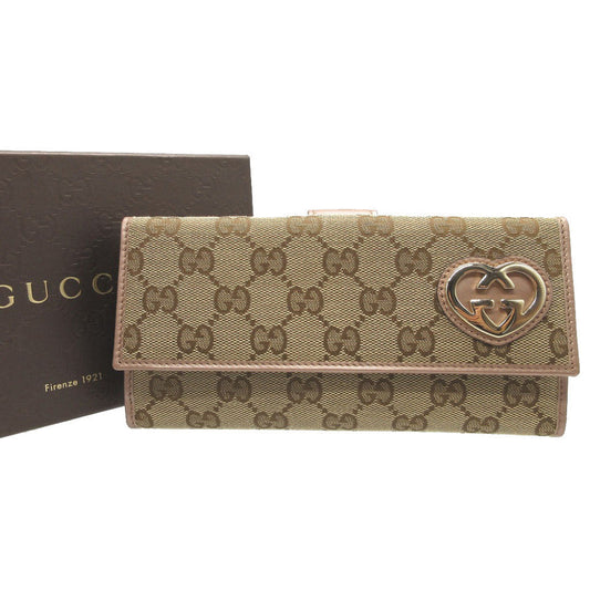 GUCCI Long Wallet Purse 245723 GG canvas, leather beige W Hook Wallet Lovely heart Women Used