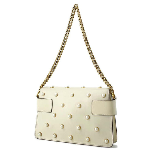 GUCCI Broadway ChainShoulder Bag White 453778 Leather Faux Pearl Rhinestone