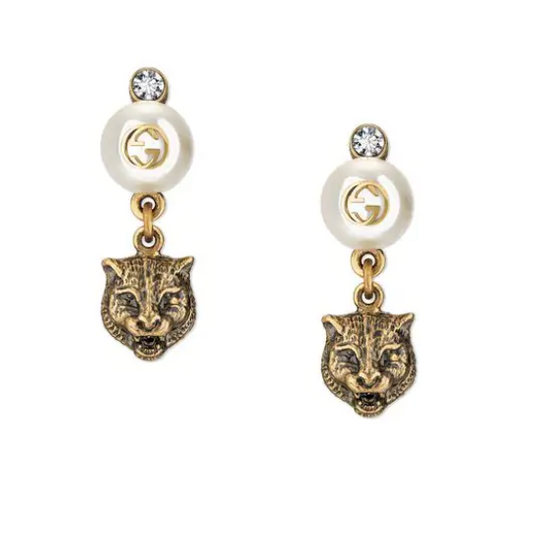 GUCCI Feline Head Brass and Crystal Drop Earrings