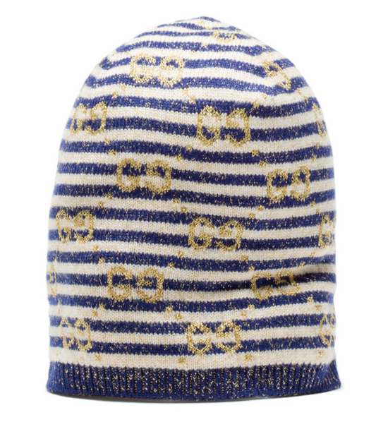 Gucci Knit Beanie in Blue and Ivory with Gold Lamé