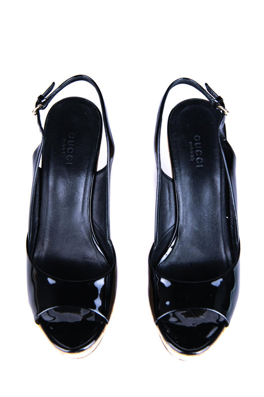 Gucci Black Patent Leather Cork Slingback Pumps Size 8 | EU 38