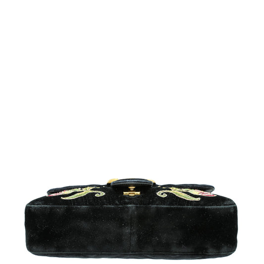 Gucci Black Multicolor Velvet "LOVED" Floral Embroidered GG Marmont Medium Bag