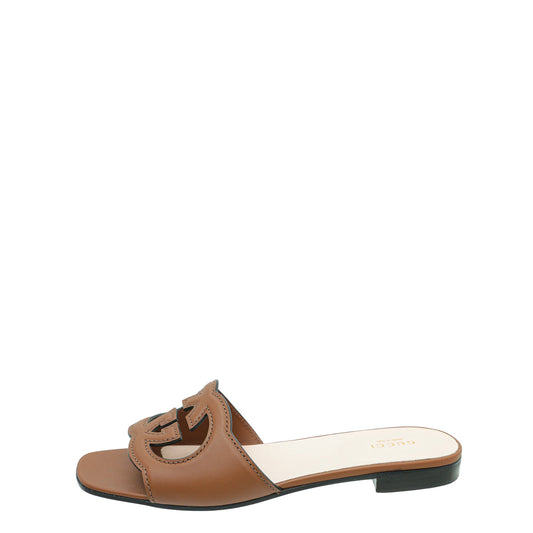 Gucci Brown Interlocking G Cut Out Slide Sandal 39