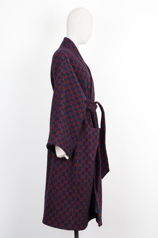 GUCCI Bathrobe Coat Wool GG Logo Blue Red