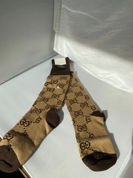 Gucci Crystal Embellished Socks in Beige