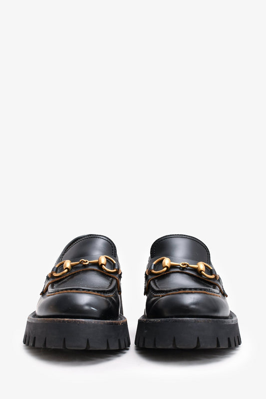Gucci Black Brushed Leather Lug Loafers Size 36.5