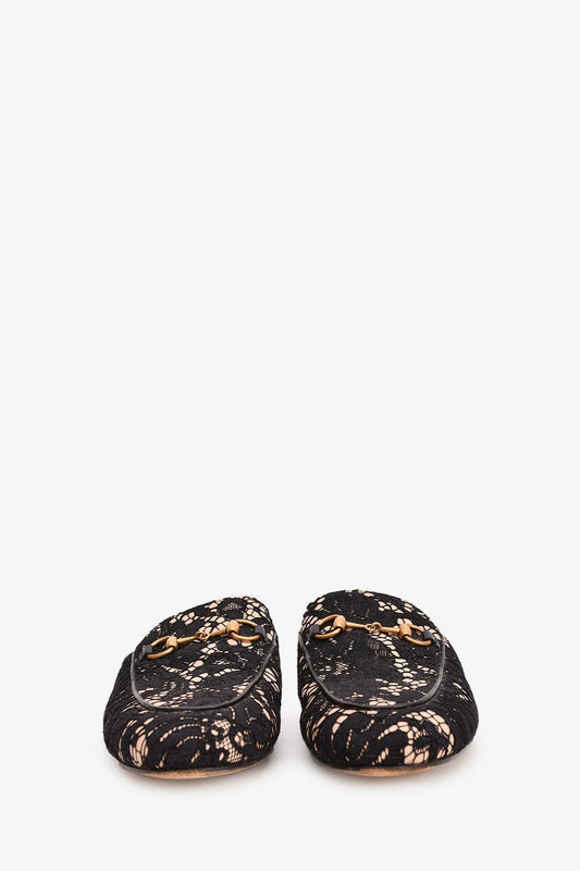 Gucci Black/Beige Lace Pricetown Slip-On Loafers Size 37.5