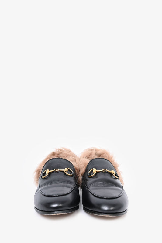 Gucci Black Leather Fur Slip On Princeton Mules Size 35