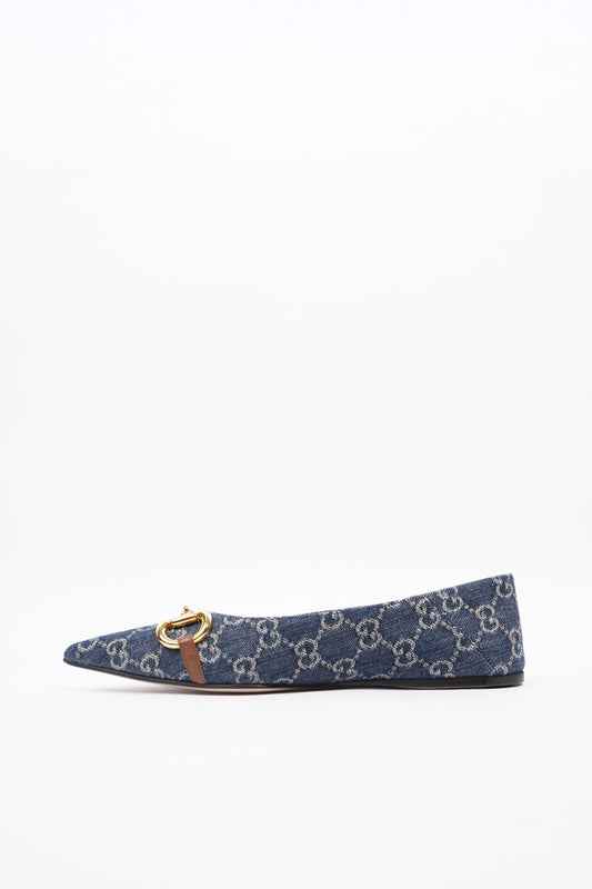 Gucci Ballerina GG Pump Blue / Gold Denim EU 37.5 UK 4.5