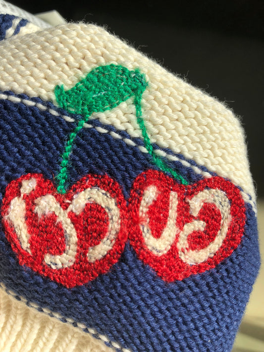Gucci Blue and White Striped Beanie Hat with Cherry Motif