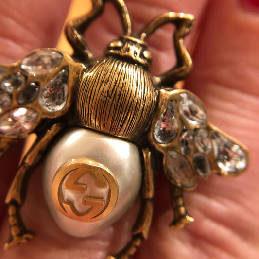 Gucci Bee Ring in Antique Gold with Crystals and Pearl