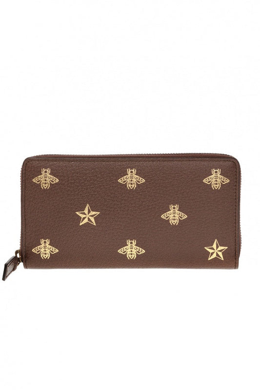 Gucci Bee Star Zip Around Wallet in Brown