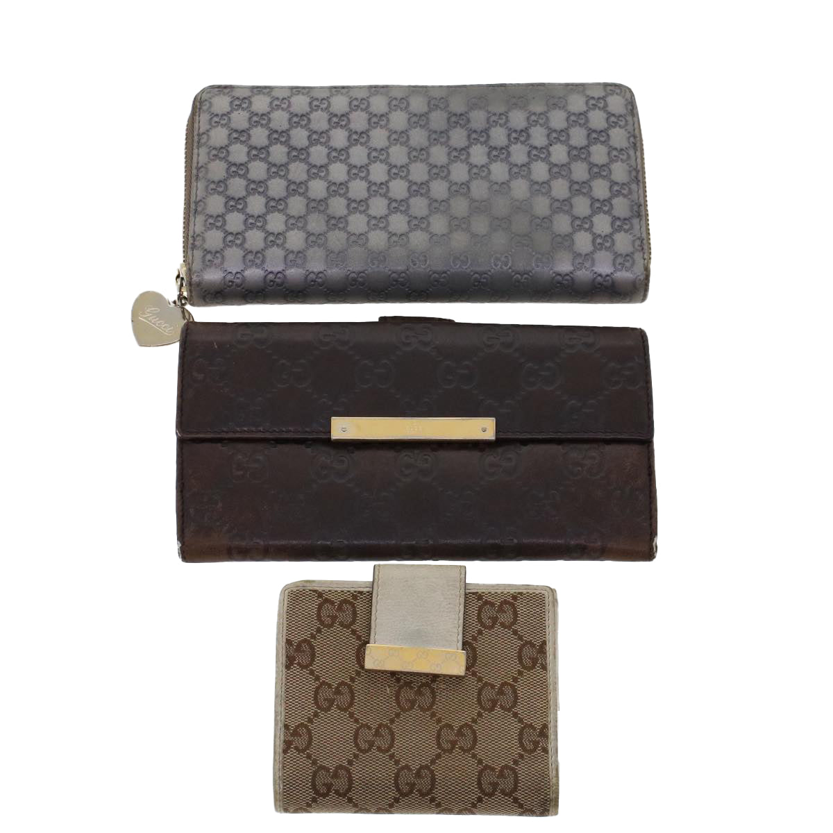 Gucci GG Canvas Long Wallet Leather 3Set Brown Beige Silver bs6283