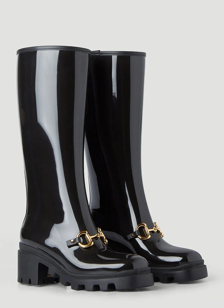 Gucci Horsebit Knee-High Rubber Boots in Black