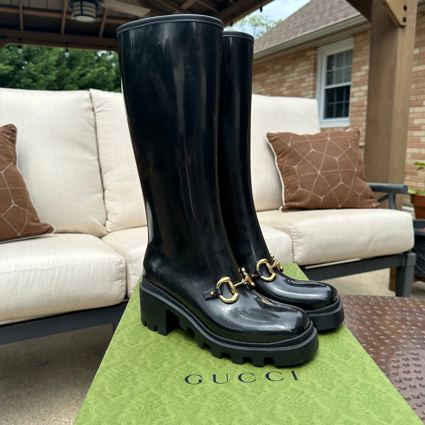 Gucci Horsebit Knee-High Rubber Boots in Black