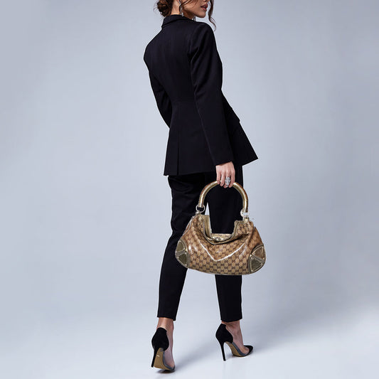 Gucci Beige/Gold GG Crystal Canvas and Leather Medium Babouska Indy Hobo