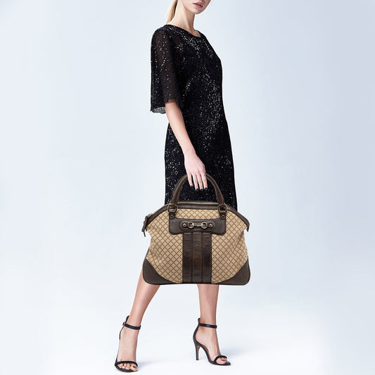 Gucci Beige/Brown Diamante Canvas And Leather Large Horsebit Catherine Satchel
