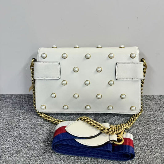 Gucci Broadway Bee White Pearl Embellished Leather Shoulder Bag