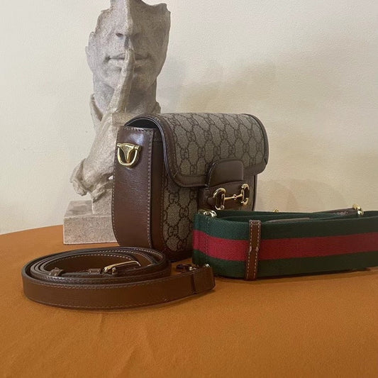 Gucci Horsebit 1955 Beige Brown Canvas Leather Shoulder Bag Medium