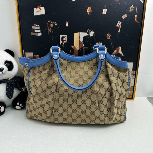 Gucci GG Canvas Blue Trim Shoulder Bag Beige