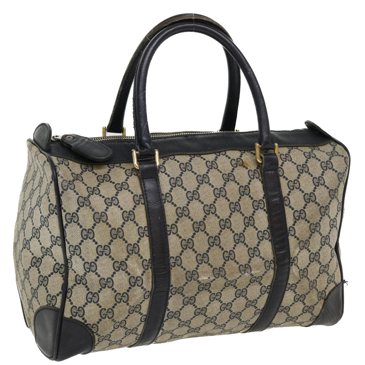 GUCCI GG Canvas Boston Bag PVC Leather Gray Navy th3293