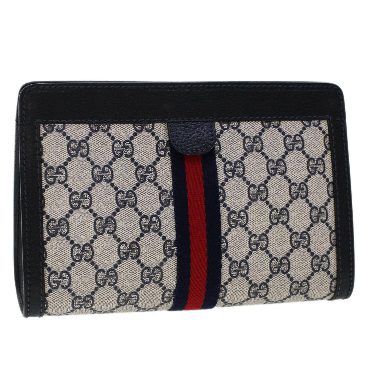 GUCCI GG Canvas Sherry Line Clutch Bag PVC Leather Navy Red yk7884