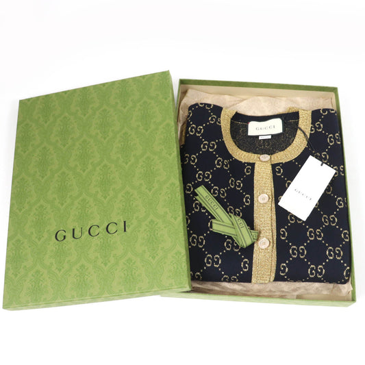 GUCCI cardigan 526758 Main: 77% cotton, Main: 12% nylon, Main: 11% metal fiber, Part: 50% metal fiber, Part: 50% nylon Dark navy gold Women XL Used