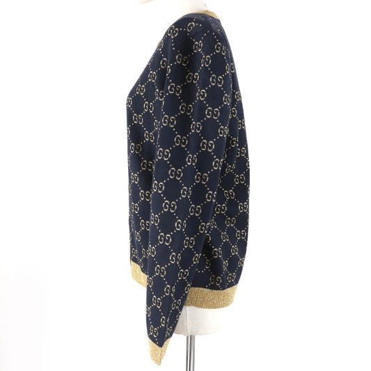 GUCCI cardigan 526758 Main: 77% cotton, Main: 12% nylon, Main: 11% metal fiber, Part: 50% metal fiber, Part: 50% nylon Dark navy gold Women XL Used