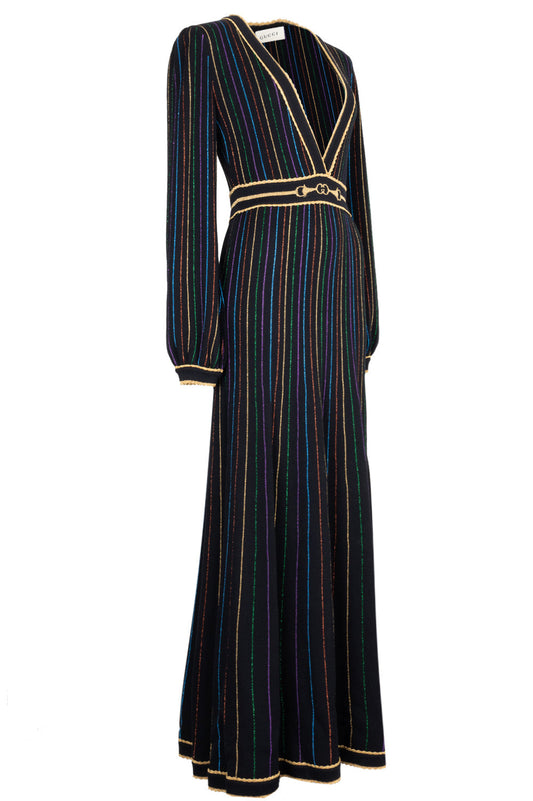 GUCCI 2020 Striped Horsebit Knit Maxi Dress Black