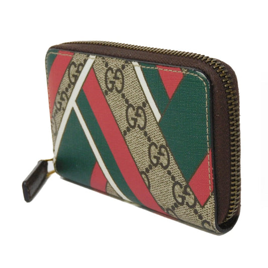 GUCCI Coin case 429232 GG Supreme canvas (polyurethane processing) x Calfskin leather beige Chevron Web Stripe Green GG Supreme compact zip around wallet unisex(Unisex) Used