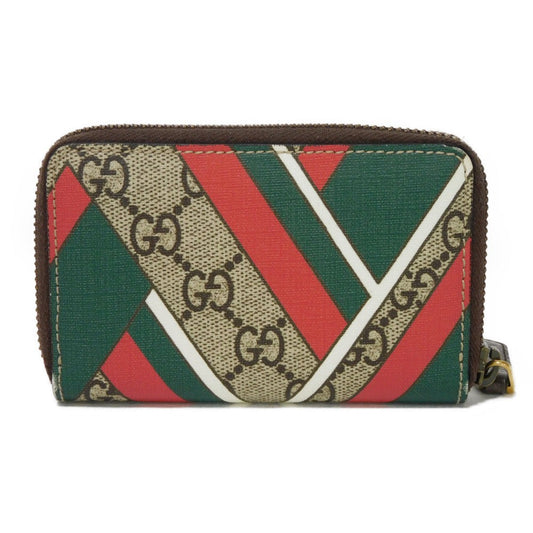 GUCCI Coin case 429232 GG Supreme canvas (polyurethane processing) x Calfskin leather beige Chevron Web Stripe Green GG Supreme compact zip around wallet unisex(Unisex) Used