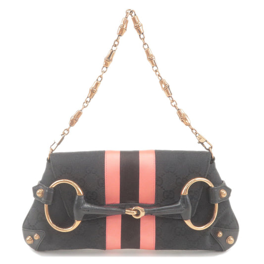GUCCI Bamboo Horsebit GG Canvas Leather Shoulder Bag Black 129497