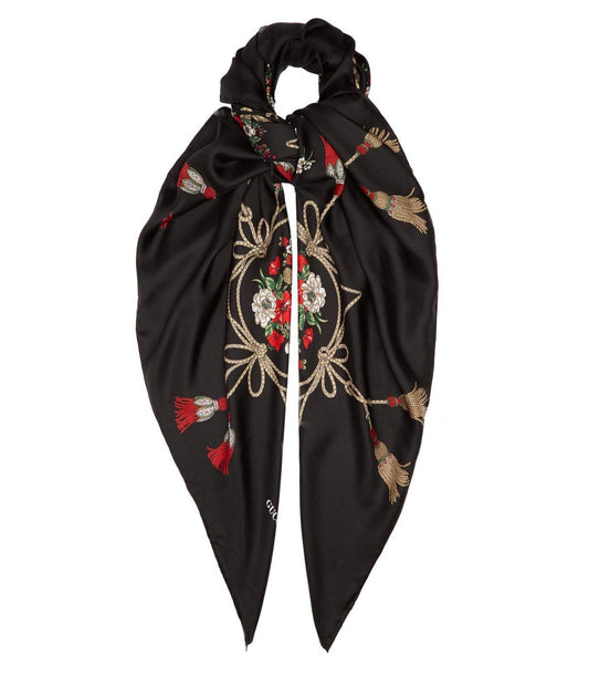 Gucci Floral and Tassel-print Silk Shawl in Black