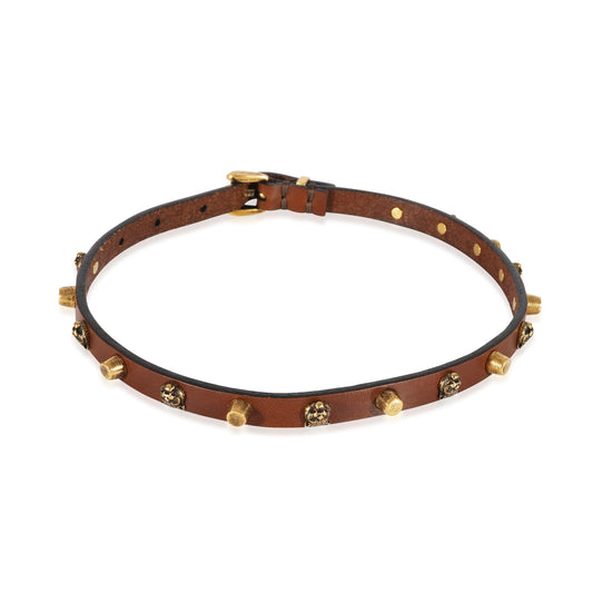 GUCCI Brown Leather Feline Head Studded Gold Tone Choker